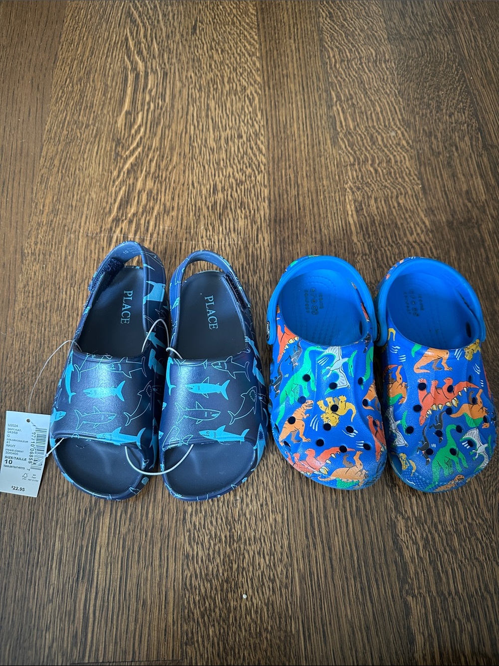 Dinosaur Crocs and Children’s Place Kids' Navy Shark Slides Size 10